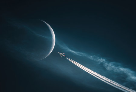An airplane traverses a dark, expansive sky, leaving a prominent vapor trail. The composition includes a large, illuminated crescent moon. The scene is characterized by cool, muted tones and atmospheric lighting. This image could be used for various commercial or editorial purposes, showcasing themes of travel or space.の素材