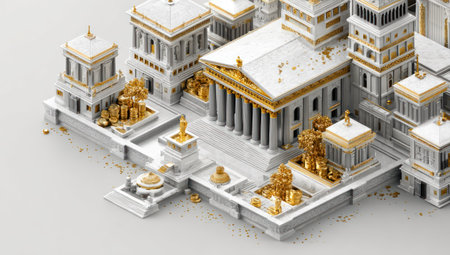 A detailed illustration depicts a miniature cityscape featuring various buildings and structures. The design incorporates a palette of white, gray, and gold. The composition uses overhead lighting and showcases geometric forms. This image may be suitable for architectural, design, or conceptual projects.の素材