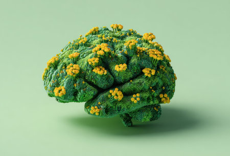 This image presents a brain covered with yellow flowers, set against a solid green backdrop. The illustration uses soft textures and lighting. It could be used to represent concepts such as mental well-being, growth, or the connection between nature and the mind, suitable for various editorial and commercial applications.の素材