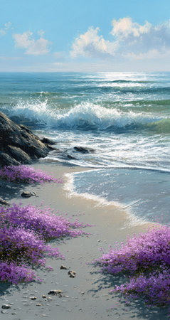 An illustration depicts a vibrant seascape featuring ocean waves crashing onto a sandy beach. The composition showcases the dynamic interaction between water and land, accented by purple vegetation. Bright sunlight bathes the scene. This image is suitable for various commercial uses, including website design and marketing materials.の素材