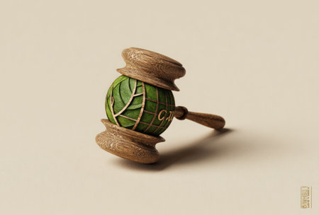 A wooden gavel frames a green sphere adorned with leaf patterns and the word 'eco.' The illustration presents a conceptual scene with soft lighting and a neutral background. The visual suggests environmental advocacy, legal protection, and sustainable practices. Suitable for editorial and commercial projects related to nature and law.の素材