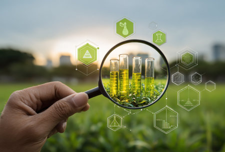 A hand holds a magnifying glass focused on test tubes containing yellow liquid amidst a green field. The image displays a shallow depth of field, with soft focus on the background. The scene suggests scientific inquiry with various hexagonal graphic overlays, and the scene is illuminated by daylight. Suitable for illustrating innovation and technological advancements.の素材