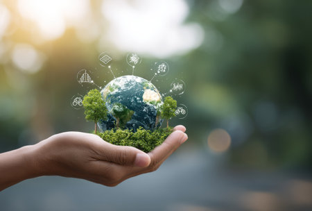 A hand cradles a miniature Earth globe, adorned with verdant plant life and symbolic icons. The composition features soft, blurred backgrounds, with warm sunlight illuminating the scene. The image presents a clean and modern style, suitable for environmental awareness campaigns and illustrative purposes. It can also be utilized for eco-friendly business promotions.の素材