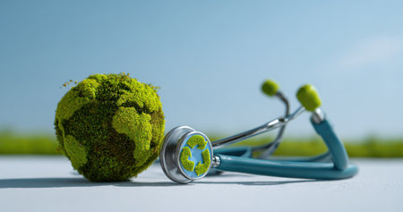 An overhead shot reveals a globe constructed from vibrant green vegetation and a stethoscope. The composition emphasizes a healthcare concept. The image showcases a naturalistic and clean aesthetic against a blurred background. Suitable for conceptual illustrations, this picture may be applied to projects regarding environmental health and medical themes.の素材