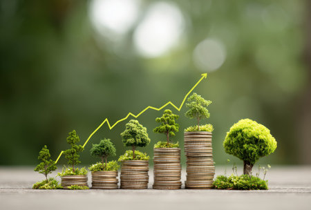 The image features small trees planted on coin stacks, arranged in ascending order, accompanied by a yellow upward-pointing graph. The composition uses natural light and a blurred green background, suggesting growth and prosperity. This visual concept could be applied to illustrate financial topics, economic progress, or environmental initiatives, suitable for commercial projects.の素材