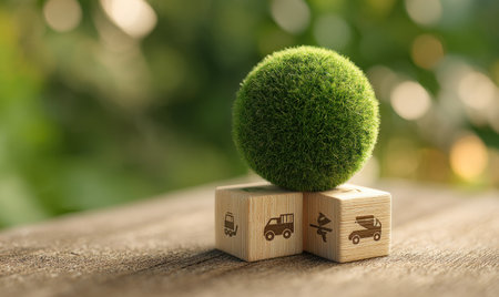 A vibrant green sphere rests upon three wooden blocks, featuring small icons. The image presents a shallow depth of field, with soft natural lighting and blurred green background. This composition suggests concepts of eco-friendliness, environmental responsibility, and ecological balance. Suitable for illustrating ideas related to nature and conservation.の素材