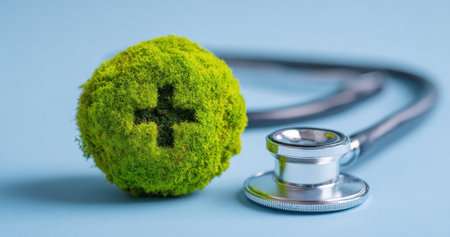A close-up view presents a green cross symbol with a stethoscope laid on a light blue surface. The image highlights a conceptual representation of healthcare and medicine. It features a bright, clean composition suitable for various medical or wellness-related articles, presentations, or advertising campaigns.の素材