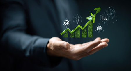 A hand cradles a digitally rendered green graph with sprouting plant elements, indicating growth and progress. The image showcases a dark background and the graph is accompanied by several informational icons. It suggests concepts such as business expansion and sustainable development, and could be utilized for various commercial and editorial projects.の素材