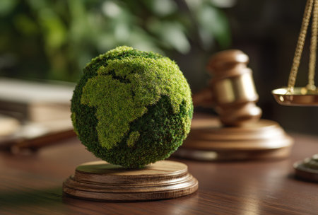 A miniature Earth globe covered in green vegetation rests on a wooden base, positioned near a gavel. The image showcases a shallow depth of field, with soft lighting and a blurred background. The scene suggests an indoor setting, possibly an office, and could be utilized for discussions on environmental topics or legal proceedings.の素材