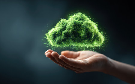 A hand cradles a luminous green cloud against a dark background. The image showcases digital art with a focus on textures and color contrast. This conceptual scene might be suitable for themes related to technology, innovation, or environmental conservation. It could be used in various commercial applications.の素材
