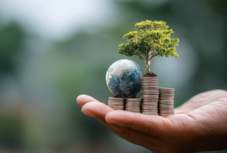 A hand cradles a miniature globe and a small tree perched atop stacks of coins. The image displays a soft-focus background with a variety of greens. The composition uses natural light. It could be useful for environmental conservation, economic growth, or financial concepts.の素材