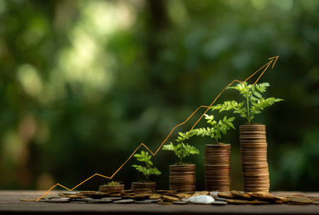 This image showcases a stack of coins with growing plants and an upward graph. The composition features green foliage and a bokeh effect in the background, suggesting an outdoor environment. The warm lighting highlights the golden hue of the coins, suitable for commercial projects related to finance or investment.の素材
