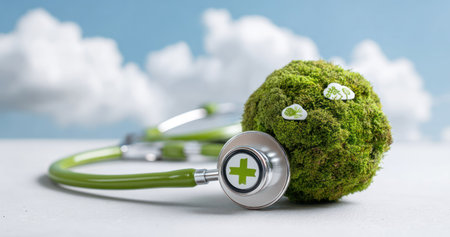 A green stethoscope lies next to a broccoli floret, set against a backdrop of soft white clouds and a light blue sky. The image features a close-up composition, with bright, natural lighting. The overall style suggests a concept representing health, wellness, and medical concepts, suitable for editorial and commercial use.の素材
