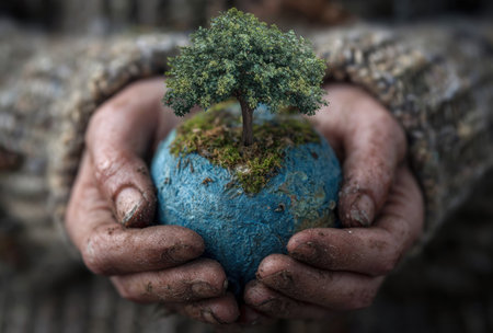 Close-up shot shows hands cupping a small, globe-like object with a tree growing from it. The globe is primarily blue with green moss. The scene features textured skin and a neutral background. This symbolic image could be used for themes related to environmental protection and sustainability.の素材