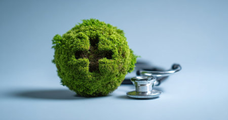A green sphere with a cross symbol sits near a stethoscope against a light blue backdrop. The object is textured with a natural appearance, and the lighting is diffused. Suitable for health and wellness themes, this image could be used in various commercial or editorial contexts.の素材