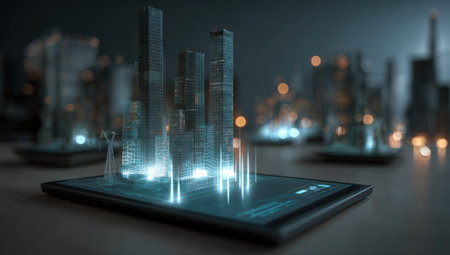 A futuristic cityscape hologram appears to project from a digital tablet, offering a glimpse into technological advancements. The scene showcases a blurred backdrop with bokeh lights. The image conveys a modern aesthetic, with a focus on technology, innovation, and digital interface. Suitable for editorial and commercial applications.の素材