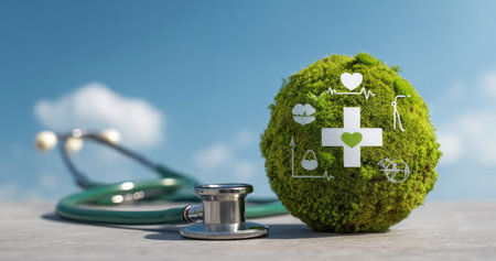 An image showcases a conceptual representation of healthcare. A textured green sphere features medical symbols, placed beside a stethoscope. The scene is set on a surface with a cloudy sky background, hinting at an outdoor environment. This visual is suitable for illustrating health, wellness, and medical concepts in various commercial applications.の素材
