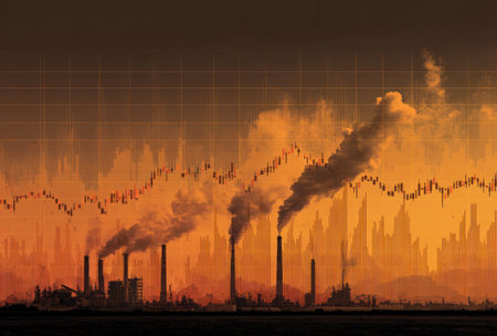 An industrial scene depicts smokestacks emitting plumes against a backdrop of financial charts. The image features warm, orange and brown tones with a silhouette style. It presents a visual metaphor for environmental impact, with potential uses in editorial content regarding industry, finance, or ecological issues.の素材
