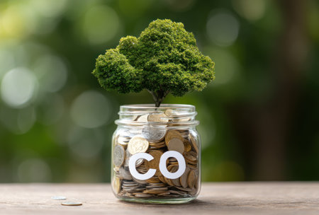 A glass jar filled with coins has a small tree growing out of the top. The image exhibits a shallow depth of field, with the jar and tree in sharp focus. The background shows a blurred green environment, with soft natural light highlighting the subject. It's suitable for illustrating themes of investment, finance, and sustainability.の素材