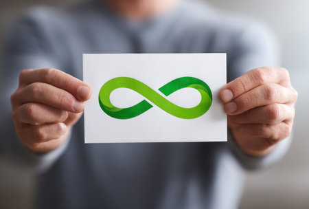 A person holds a white card displaying a green infinity symbol. The symbol is the central focus, showcasing a modern design. The image uses a shallow depth of field, with soft focus around the card and hands. This image is suitable for concepts related to finance or marketing.の素材