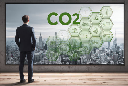 A man in a suit stands before a screen displaying the letters CO2, with an integrated graphic of interconnected hexagonal shapes. The background features a blurred urban landscape. The composition is lit naturally, highlighting the subject. This image may be suitable for conceptual uses related to environmental topics or sustainability.の素材