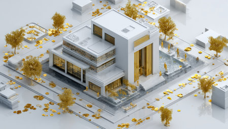 This image showcases a modern house rendered in a geometric style, featuring a white exterior with golden accents. Surrounding the building are stylized golden trees and a minimalistic street design. The overall composition is clean with bright lighting, suggesting a virtual environment suitable for architectural visualizations and conceptual design projects.の素材
