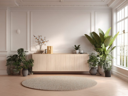 An interior scene features a light-toned wooden cabinet and various potted plants. The room is brightly lit by natural light from a window, which creates shadows. The composition and minimalist style are ideal for lifestyle imagery and related commercial purposes. The setting conveys a sense of calm and tranquility.の素材