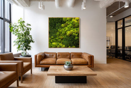 A living room interior features a brown leather sofa, a wooden coffee table, and a large piece of green artwork on the wall. The space is well-lit with natural light, suggesting an open-plan office or home environment. The scene could be suitable for commercial purposes, illustrating interior design and home decor.の素材