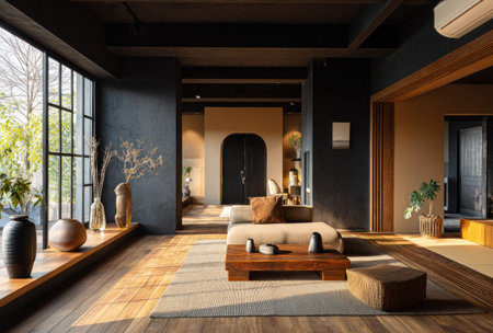 This image showcases a modern interior living space featuring large windows that flood the room with natural light. The room includes wooden floors, contemporary furniture, and decorative elements. This scene could be used for various commercial projects related to interior design, architecture, or lifestyle.の素材