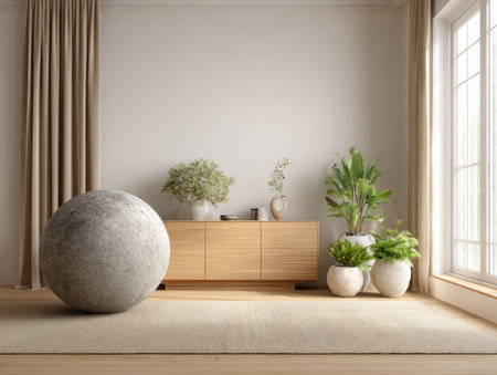 An interior scene features a large sphere and a wooden cabinet adorned with potted plants. The room is bathed in natural light from a window, highlighting the neutral color palette of the walls, carpet, and curtains. This image can be used in projects related to home decor, lifestyle, or commercial designs.の素材