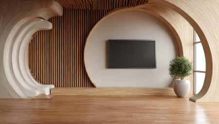 This image showcases a modern interior design featuring wooden walls, floors, and architectural elements. A central circular design frames a dark rectangular space, while a sculptural white form adds visual interest. A potted plant stands near a window. Suitable for architectural, decorative, or home design applications.の素材