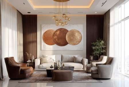 A contemporary living room is shown, featuring a sofa, armchairs, and an ottoman. The room is decorated with neutral colors, accented by warm brown tones and gold details. Abstract art and decorative lighting create an inviting and luxurious atmosphere. This image could be used for interior design projects or advertising purposes.の素材