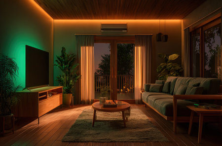 This interior scene showcases a contemporary living room arrangement. A sofa is positioned near a window, while a television is placed on a wooden cabinet. The space features wooden flooring and plants, creating a comfortable indoor ambiance. The scene has artificial lighting. Suitable for use in lifestyle or design related commercial contexts.の素材