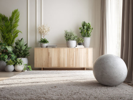 A contemporary interior showcases a wooden cabinet adorned with potted plants, set against a neutral-toned backdrop. Soft sunlight streams through a nearby window, illuminating a spherical object on the plush carpet. This versatile image could be used for various commercial projects related to home decor and lifestyle.の素材
