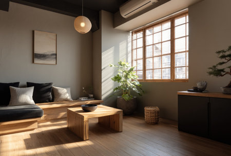 This image showcases a modern interior featuring a seating area, wooden coffee table, and a large window. Soft light streams in, illuminating the space with a warm glow. The scene suggests a comfortable, inviting environment, ideal for various editorial and commercial applications. The composition emphasizes clean lines and natural elements.の素材
