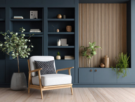 A contemporary interior scene features a comfortable armchair situated before a dark blue shelving unit. The visual composition includes a wooden slatted panel and decorative plants, with soft lighting enhancing the textures. This image can be used in various commercial applications promoting home decor or interior design concepts.の素材