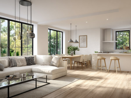 This image presents a modern living space with a focus on natural light and minimalist design. The composition features a comfortable sofa, a dining area, and a kitchen. Bright sunlight floods the room. It could be used for illustrating interior design or real estate.の素材