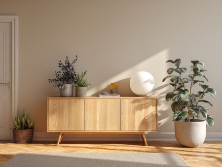 A well-lit interior scene presents a wooden cabinet complemented by various potted plants. Natural sunlight casts long shadows, enhancing the textures and creating a warm ambiance. The style reflects a minimalist approach with clean lines and neutral colors. Suitable for lifestyle, design, or home decor applications.の素材