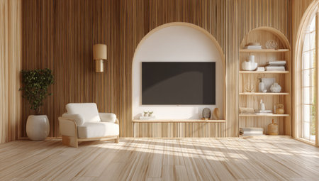 This image showcases a modern interior featuring wooden walls and flooring. A white armchair sits in front of a television, and a built-in bookshelf holds decorative objects. The scene is bathed in natural light, suggesting a bright and welcoming atmosphere. Suitable for use in design, architectural, and lifestyle projects.の素材