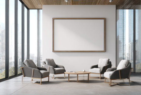 An interior shot showcases a modern office space featuring a large framed blank picture, surrounded by several armchairs and a small table. Natural light streams through expansive windows, highlighting the minimalist style and neutral color palette. This image is suitable for various commercial purposes, including marketing and advertising materials.の素材