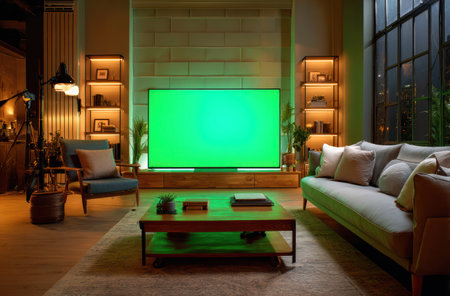 A well-lit interior showcases a contemporary living space, featuring a comfortable sofa and chair arrangement. A wooden coffee table sits centrally, with a large, illuminated display screen dominating the space. The scene employs a warm color palette, enhanced by ambient lighting, possibly suitable for commercial and editorial purposes.の素材
