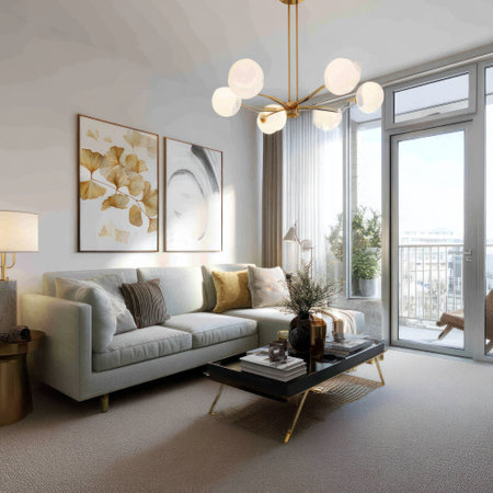 This image showcases a modern living room featuring a comfortable sofa, decorative artwork, and large windows that offer natural light. The room is designed with neutral colors, a contemporary chandelier, and stylish furnishings, evoking a sense of tranquility and elegance. Suitable for various commercial and editorial applications, showcasing interior design and home decor.の素材
