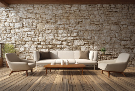 An inviting outdoor seating arrangement features a cream-colored sofa and two armchairs set against a rustic stone wall. The scene is illuminated by natural light, highlighting the wooden flooring and the neutral color palette of the furniture. Suitable for use in lifestyle or architectural editorial content or advertising campaigns.の素材
