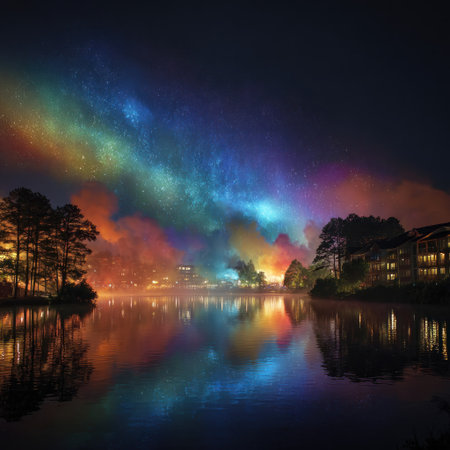 This photograph captures a tranquil night scene featuring a serene lake reflecting vibrant colors. Silhouetted trees frame the foreground, while a colorful sky and ambient light illuminate the scene. The image's composition and color palette suggest its suitability for diverse commercial and editorial applications.の素材