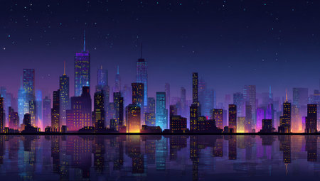 A nighttime cityscape is depicted with towering skyscrapers reflected in the water below. The digital artwork showcases a variety of building styles and illuminated windows, set against a dark blue sky. The scene is presented in a vector art style, offering potential uses for digital design and artistic applications.の素材