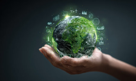 A hand cradles a glowing Earth globe adorned with environmental icons, set against a dark backdrop. The image utilizes green and white colors with subtle lighting effects. The composition may be suitable for illustrating concepts of sustainability, ecology, and global issues, as well as for editorial or commercial projects.の素材