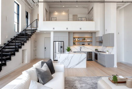 This interior showcases a modern two-story apartment. The composition features a living room with a white sofa, a staircase, and a kitchen area. The overall style is clean and minimalist, with a neutral color palette and good lighting. Suitable for use in architecture, design, or lifestyle publications.の素材