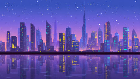 An illustration depicts a modern city skyline at night, with tall buildings illuminated against a starry sky. The scene features a water reflection, enhancing the symmetrical composition. The artwork showcases a stylized aesthetic with vibrant colors and sharp details, suitable for various editorial and commercial applications.の素材