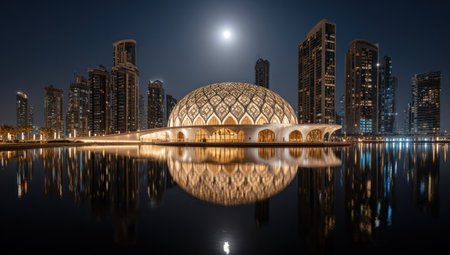 A nighttime cityscape features a large dome-shaped building and tall skyscrapers, reflecting in tranquil water. The scene is bathed in cool, blue hues, with the illuminated dome showcasing intricate patterns. A bright moon shines above, casting a soft glow. This image may be suitable for architectural, commercial, or illustrative purposes.の素材