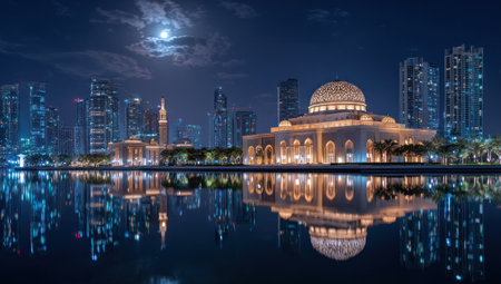 A nighttime cityscape features a grand mosque with intricate architecture, reflected in still water. The scene is illuminated by the moon and city lights, creating a tranquil ambiance. The image presents a blend of architectural and natural elements, suitable for various commercial or editorial applications.の素材